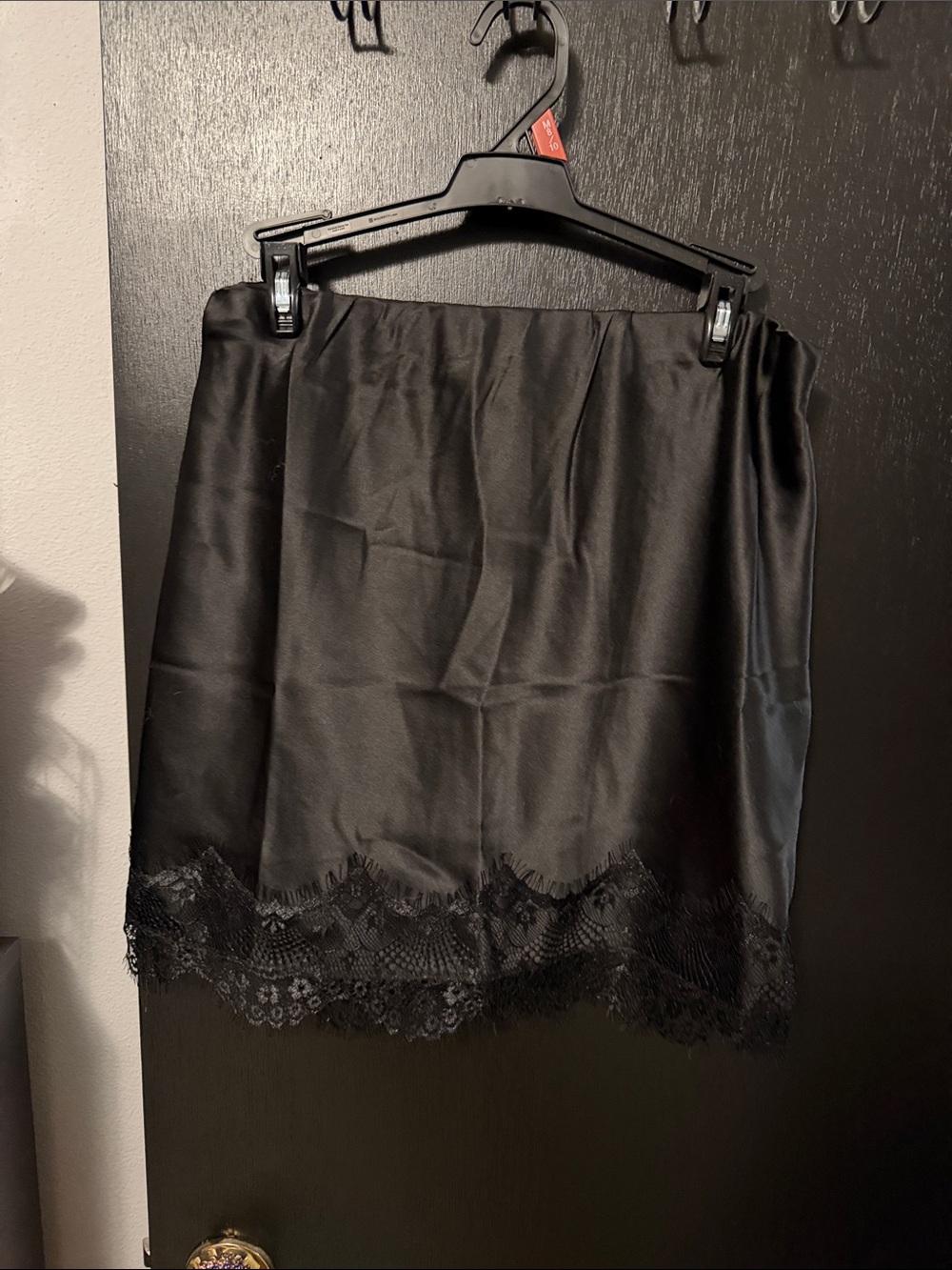 Francesca's Black Satin Mini Skirt with Lace Hem